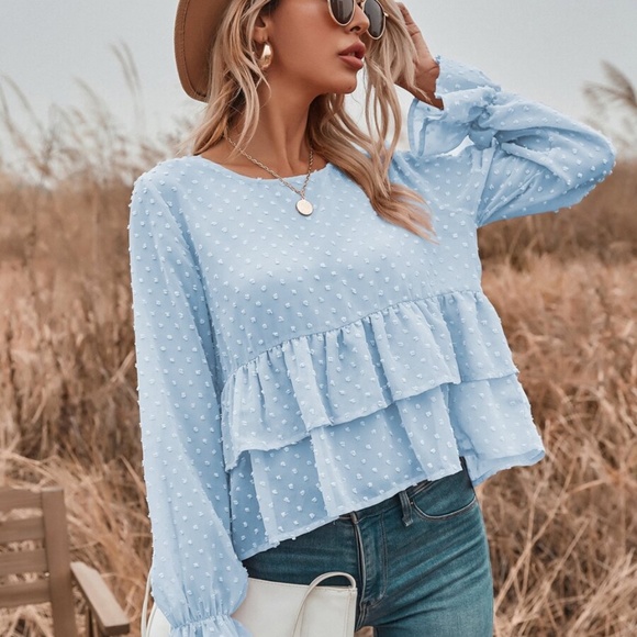 blue swiss dot ruffle babydoll long sleeve top - Picture 7 of 13